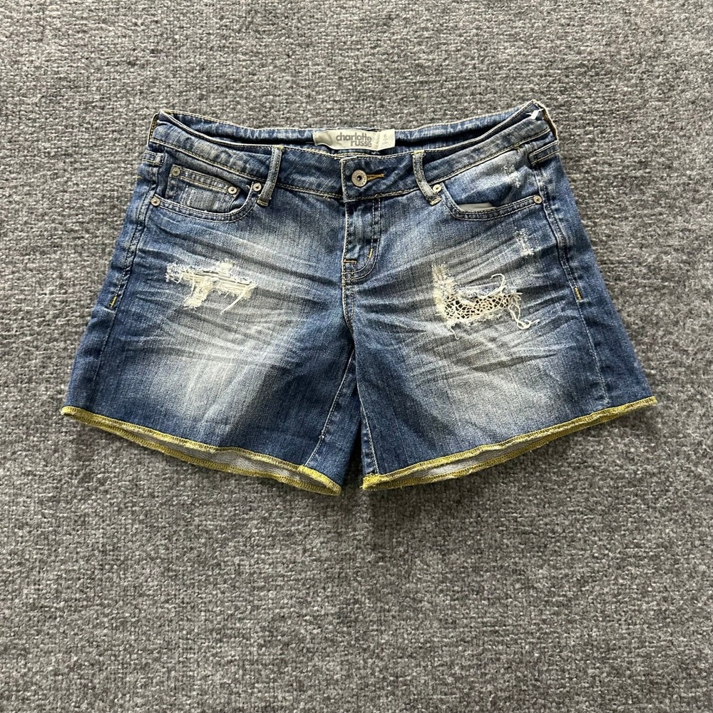Charlotte Russe Denim Shorts Womens Size 6 Blue Distressed Low Rise Raw Hem